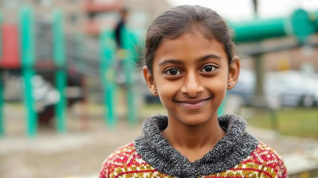 Young girl smiling outdoors at a playground.