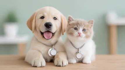 A Labrador puppy and a fluffy kitten sit side by side, both wearing metallic ID pendants, pet safety and companionship in a cozy home setting. Veterinary care, vet clinic pet