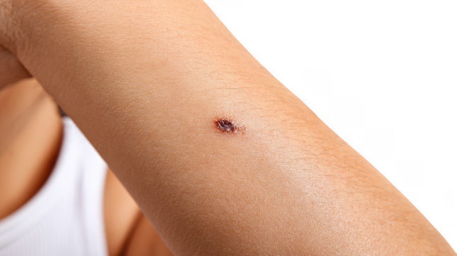 Detailed closeup showcasing a birthmark on human skin, set against a transparent background, offering a clear and isolated view for various applications