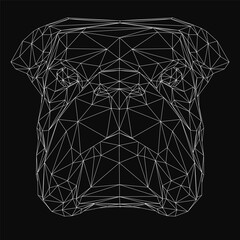 Polygonal dog head illustration in black and white, composed of intricate geometric shapes and clean lines. The abstract design features sharp angles and a stylized face, set against a solid black.