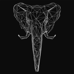 Low poly elephant head composed of white geometric lines and shapes, forming a striking abstract pattern. The design features clean edges and a minimalist aesthetic, set against a sleek black.
