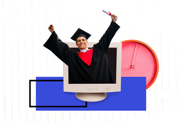 3D collage poster template artwork sketch of obsolete computer monitor young man smile graduation...