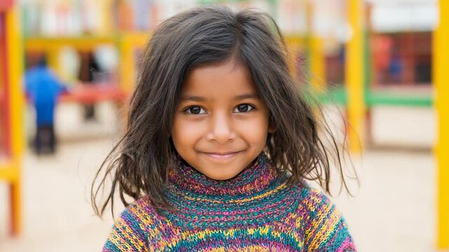Smiling young girl in colorful sweater outdoors
