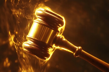 Golden Judge's Gavel with Dramatic Lighting and Smoke