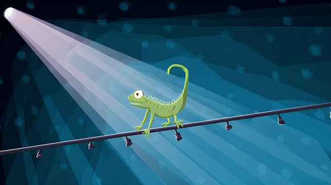Green iguana balancing on tightrope in spotlight