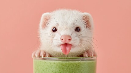 Fototapeta premium Funny ferret playfully sticking out its tongue while perched on a glass of green smoothie. Set against a warm pastel background, ideal for wellness, humor, and pet product ads