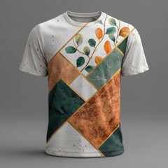 Vibrant Geometric T-Shirt with Nature-Inspired Leaf Motifs and Unique Artistic Expression