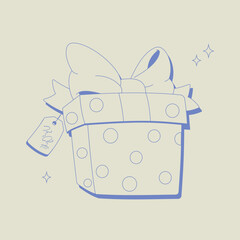 Cute blue line art of a gift box with a big ribbon bow and polka dots on a pastel background. Perfect for birthdays, celebrations, packaging, Valentine’s Day, or greeting cards.

