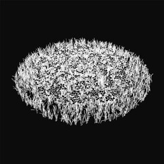 A circle of lush white grass stands boldly against a stark black background, creating a striking monochrome contrast. The detailed drawing emphasizes texture and simplicity, perfect for minimalist.