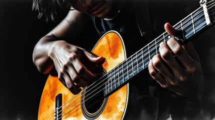 Close-up of a Person Playing Acoustic Guitar in Low Light