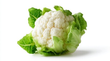 Fresh cauliflower with vibrant green leaves. A healthy vegetable perfect for cooking or salads. This image represents freshness and nutritious eating. Ideal for food blogs and recipes. AI