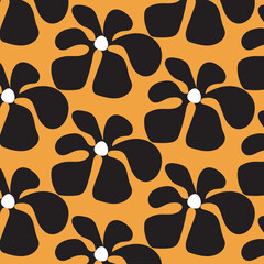 This digital illustration showcases a repeating pattern of stylized black flowers on a vibrant orange background. The flowers are simplistic in design, featuring five petals and a small white center. 