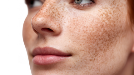 Close up of a freckled face, emphasizing natural beauty and unique characteristics, with a transparent background that enhances the focus on skincare and dermatology