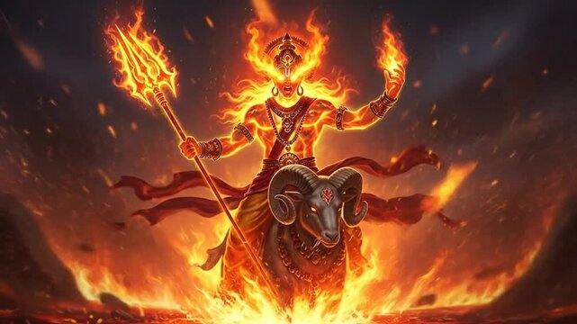 Powerful flaming warrior riding a fiery ram in an epic fantasy battle scene with intense fire effects