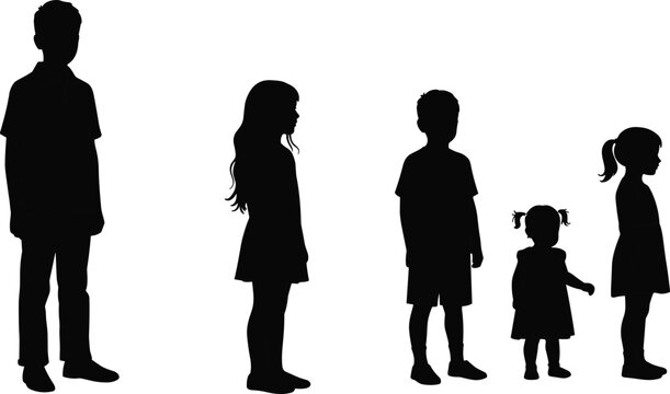 Silhouette of children standing, side view, various ages, boy and girl figures, black vector art, isolated white background, kids pose