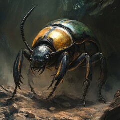 Massive, golden-hued beetle, formidable stance