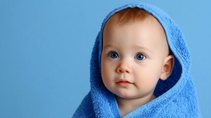 A cute baby wrapped in a soft blue towel looks curiously at the camera. This portrait captures innocence and warmth. Ideal for family-focused projects. AI