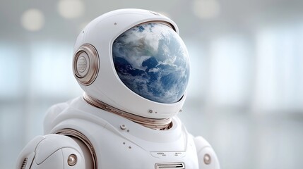 A white astronaut-style robot with a reflective helmet shows a view of Earth embedded into its visor. The image creatively fuses planetary vision with artificial intelligence and futuristic