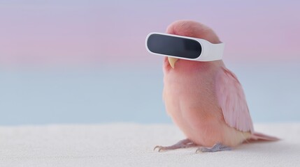 A small fluffy chick wears a futuristic virtual reality headset against a pastel background. This humorous concept blends nature and technology, ideal for digital culture, innovation, and youth tech 