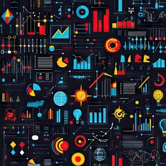 Obraz premium A vibrant, detailed graphic pattern featuring a multitude of data visualization icons, including charts, graphs, diagrams, and symbols, all arranged densely on a dark background. 