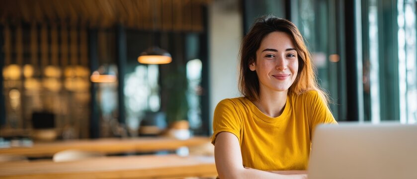 The woman enjoying her time at a modern workspace with a laptop.