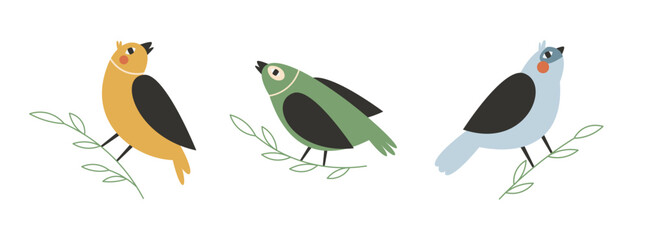 Hand drawn beautiful birds set. Colorful bird sitting on a tree branch.