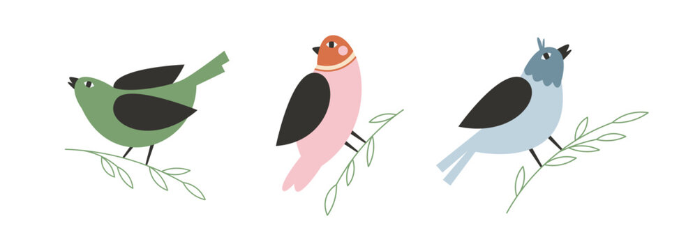 Beautiful and cute birds set. Hand drawn vector birds for greeting cards, posters or t-shirts.