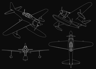 Four vector-style airplanes with unique designs stand out against a black background. Each plane features detailed wings, propellers, and engines, highlighted by crisp white outlines.