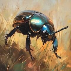 Detailed close-up of a metallic beetle, vibrant colors,  on  grassy terrain