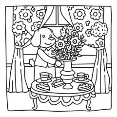 Furry Blossoms – Cute and Easy Coloring Pages for Teens and Adults | Whimsical Animal & Floral Designs Line art vector illustration | Print | Animal Coloring page | Blossoms Coloring Page