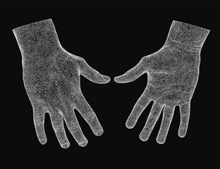 Male hands depicted in a sleek wireframe style stand out against a dark black background, creating a striking contrast. The artistic rendering highlights intricate details and a modern, minimalist.