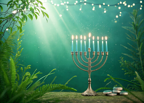 Radiant Hanukkah Menorah: A serene and spiritual scene showcasing a beautiful menorah ablaze with vibrant candles, illuminating the joyous celebration of Hanukkah. Surrounded by lush greenery.