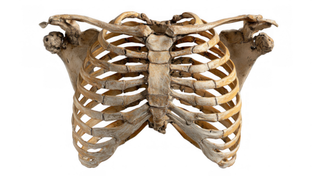 Human rib cage bones isolated on transparent background, showcasing the intricate structure and anatomy of the skeletal system with scapulae and clavicles