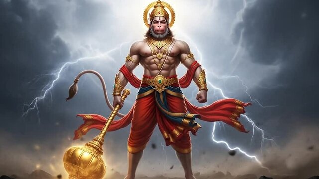 Powerful depiction of hanuman standing amid lightning with golden gada weapon in stormy background