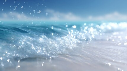 A tranquil ocean wave gently crashes onto a sandy beach. The sun reflects off the water creating a serene and calming atmosphere. This image evokes relaxation and peace. AI