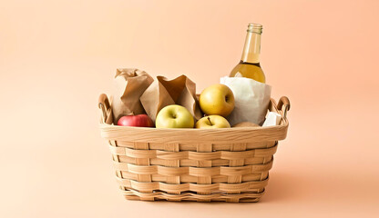 Wooden shopping basket with brown paper-wrapped bread, cotton bag of apples, and glass bottle. Peach background, rustic minimalism