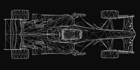 Detailed blueprint of a racing car with intricate lines and geometric shapes, showcasing the complex engineering design. The black background highlights the technical drawing, emphasizing speed.