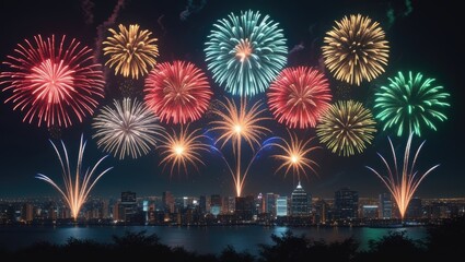 Independence Day: Grand fireworks display over a city and water, illuminating the night sky with vibrant lights.