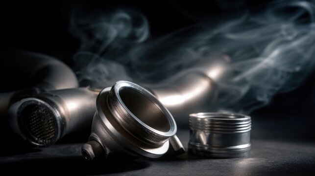 metallic car parts egr valve, catalytic converter and dpf filter lying on dark surface with light smoke