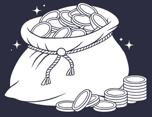 Bag of Coins. Drawn bag of expensive coins. Vector illustration