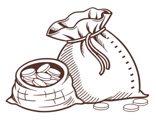Bag of Coins. Drawn bag of expensive coins. Vector illustration