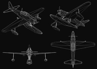 Four distinct airplane models displayed as 3D renders on a black background, highlighting unique designs, wings, propellers, and engines. The clean white outlines contrast sharply against the dark.
