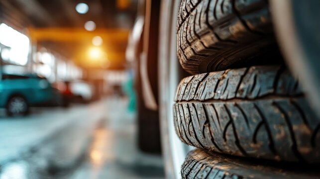 An artistic close-up shot of worn car tires stacked in a garage, showcasing texture and detail which emphasize vehicular maintenance and the industrial environment surrounding it.