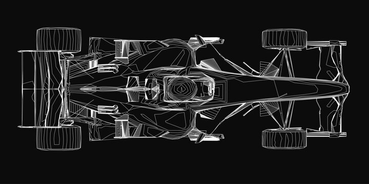 Fototapeta A sleek racing car drawn in black and white with intricate details, showcasing its aerodynamic shape and racing design. The stark black background highlights the crisp white lines of the vehicle.