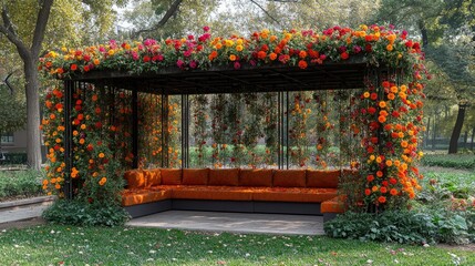 3d render Lush Floral Gazebo with Orange Sofa in Garden Setting AI generative