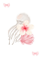 Watercolor jellyfish, pink seashell, flower & bows. Hand-drawn illustration for posters, background, print, stationery, scrapbooking, card, invitation