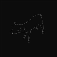 A black and white line art cow stands on a black background, its head tilted slightly with perked ears. The cow has wide, alert eyes and a slightly open mouth, giving it a curious expression.
