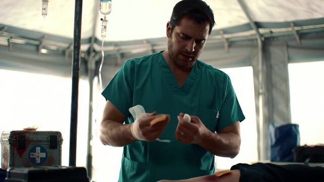 Medical professional applies bandage in temporary healthcare facility focus on humanitarian assistance wound care teal uniform rough backdrop detailed first aid preparation