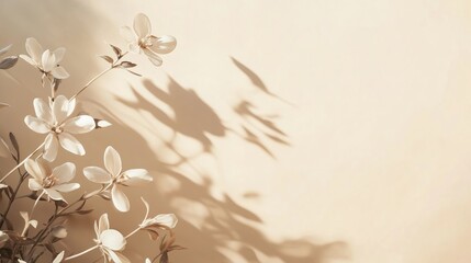 Delicate, beige-toned flowers set against a softly lit beige background. The lighting casts elegant, diffused shadows of the flowers onto the wall.