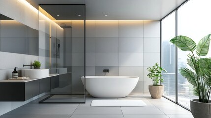 Fototapeta premium Modern bathroom interior featuring a glass shower and sleek vanity.
